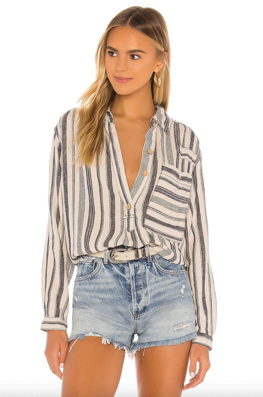 We the Free People Summer Breeze Blue Stripe Linen Tunic Popover Top M Medium